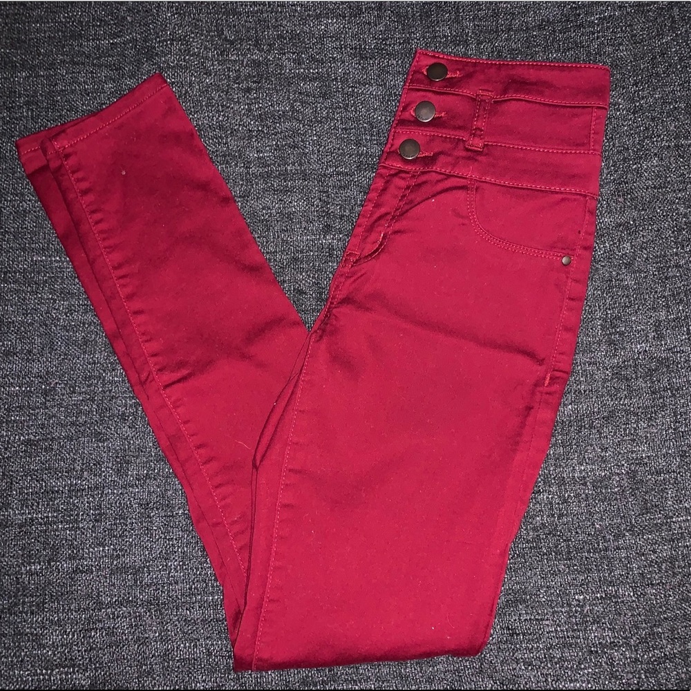 Red High Waisted Skinny Jeans, Size Two